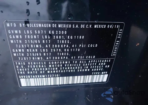 2019 Volkswagen Tiguan 2.0T Se/2.0T Sel/2.0T Sel R-Line/2.0T Sel R-Line Black z USA, uszkodzony, nr VIN 3VV2B7AXXKM172710